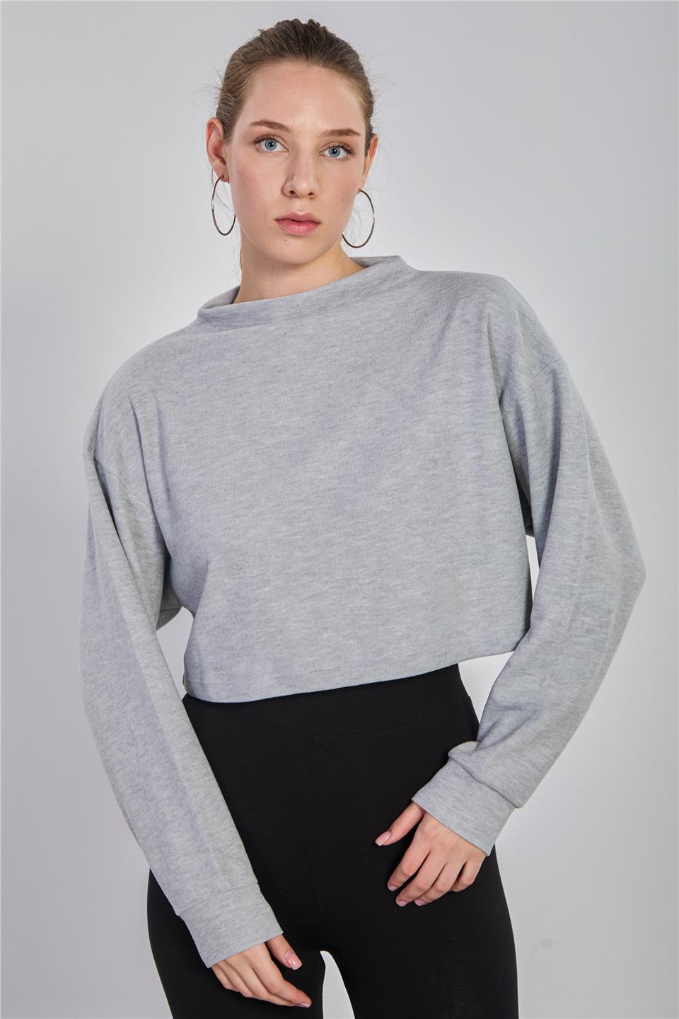 Kadın Oversize Crop Selanik Sweatshirt - Kar Melanj