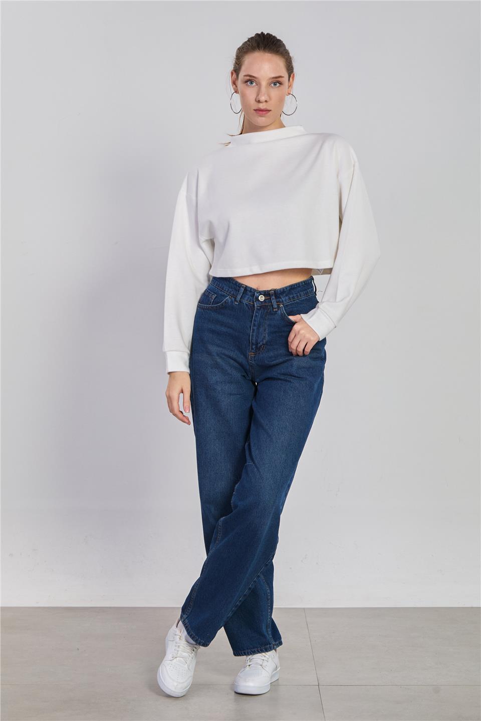 Kadın Oversize Crop Selanik Sweatshirt - Ekru