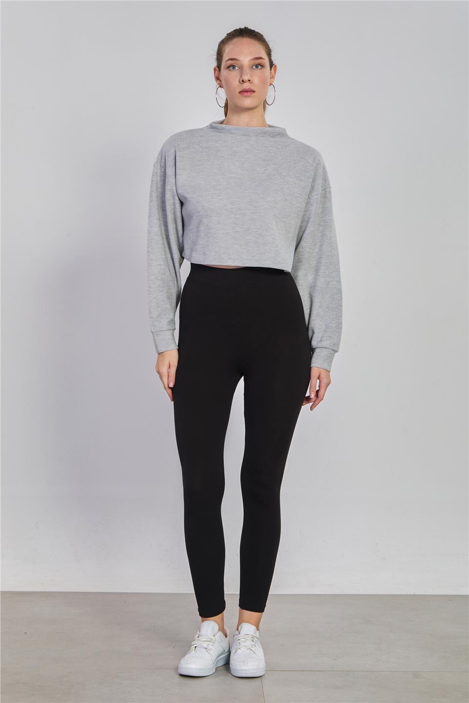 Kadın Oversize Crop Selanik Sweatshirt - Kar Melanj