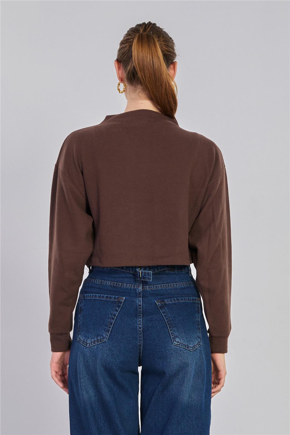 Kadın Oversize Crop Selanik Sweatshirt - Kahve