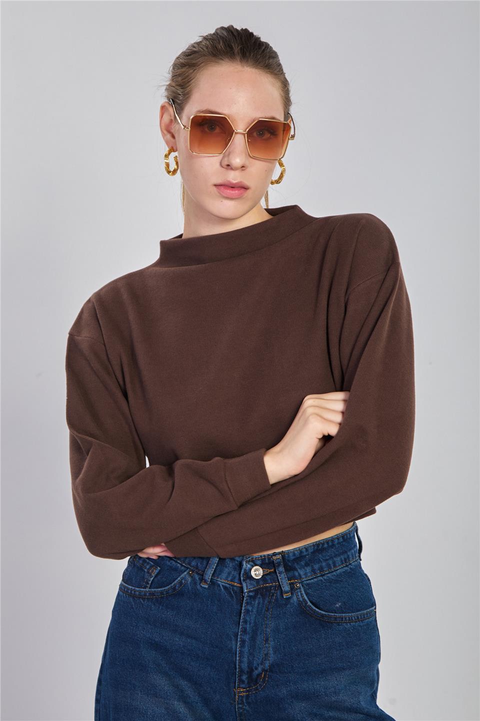 Kadın Oversize Crop Selanik Sweatshirt - Kahve