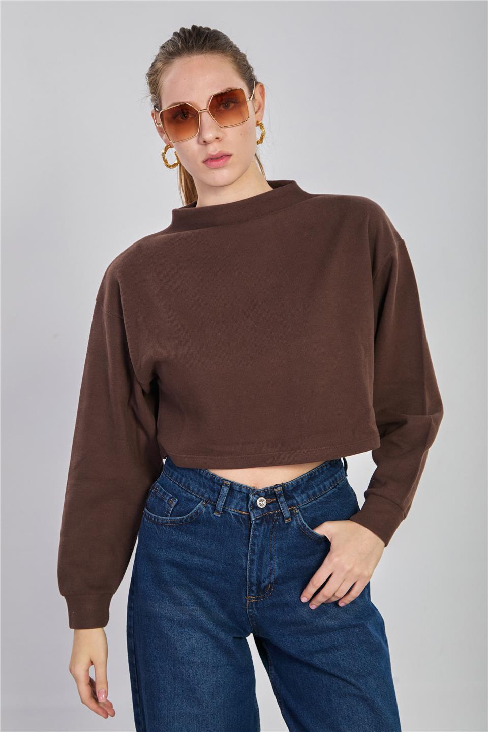 Kadın Oversize Crop Selanik Sweatshirt - Kahve