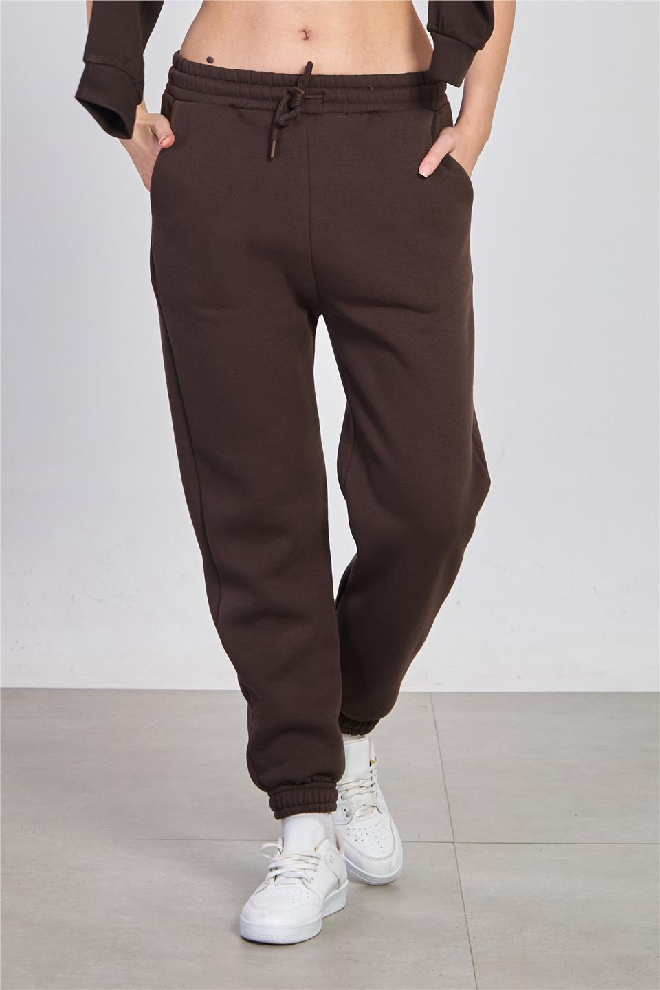 Kadın Paça Lastikli Şardonlu Eşofman Altı - Kahve