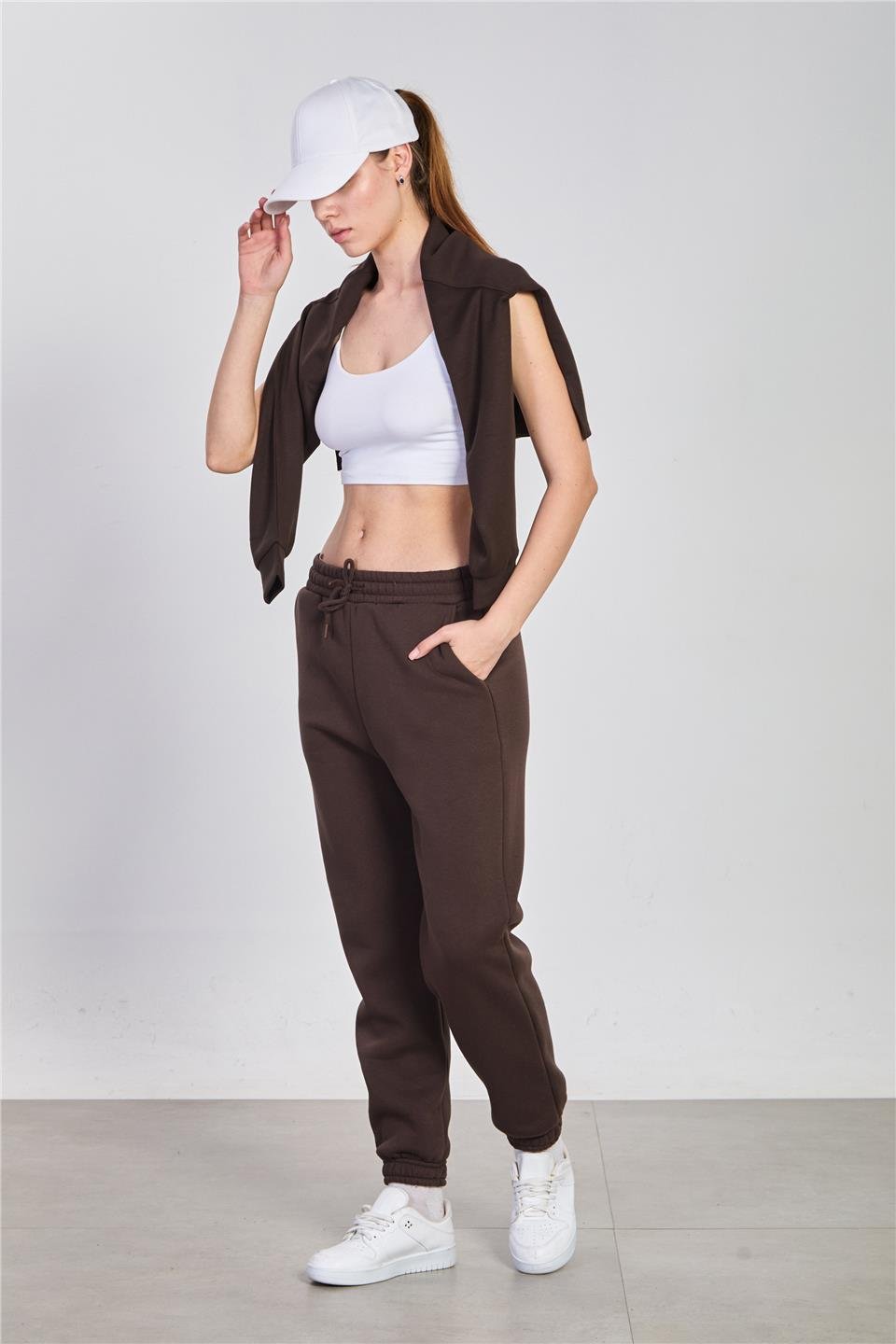 Kadın Paça Lastikli Şardonlu Eşofman Altı - Kahve