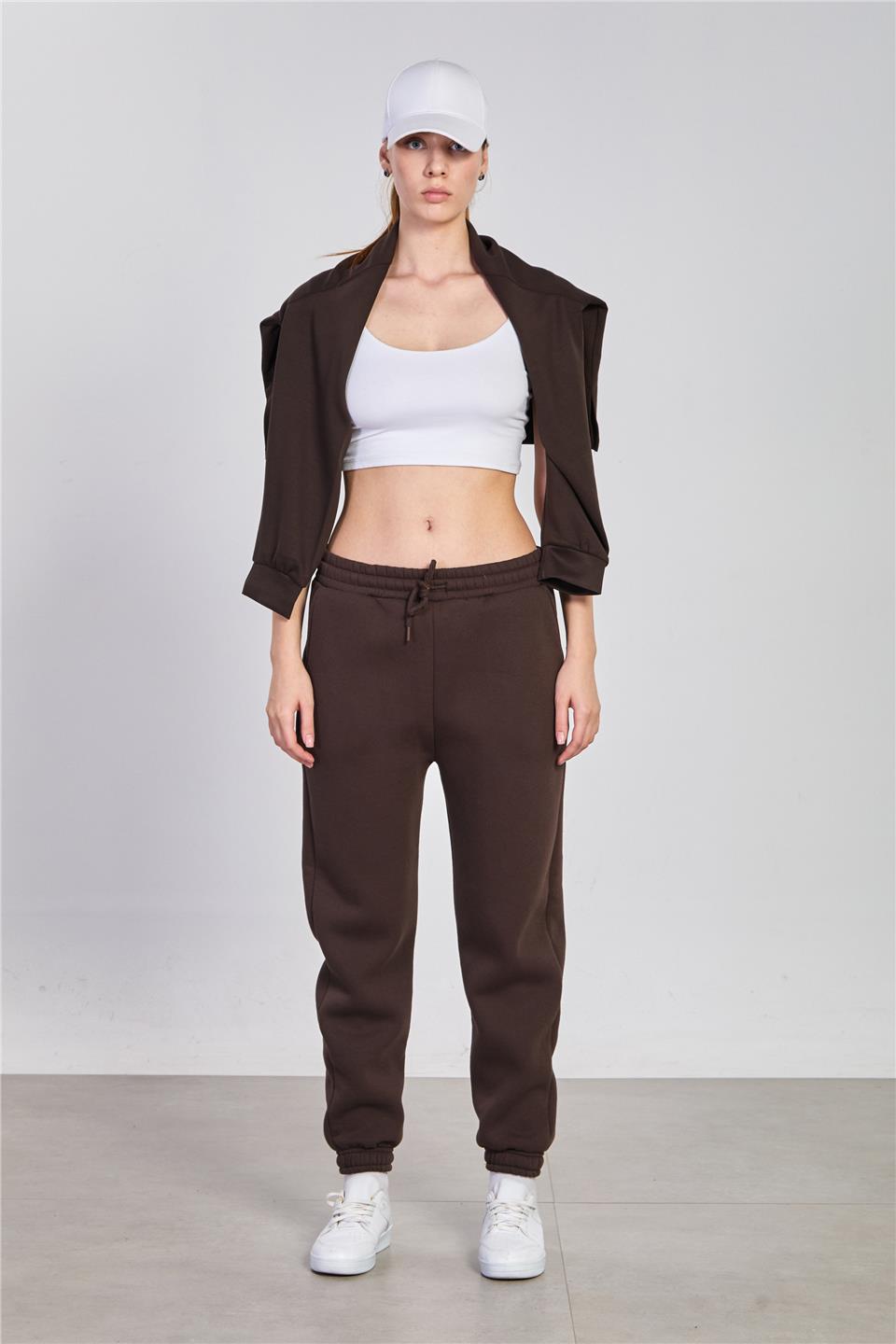 Kadın Paça Lastikli Şardonlu Eşofman Altı - Kahve