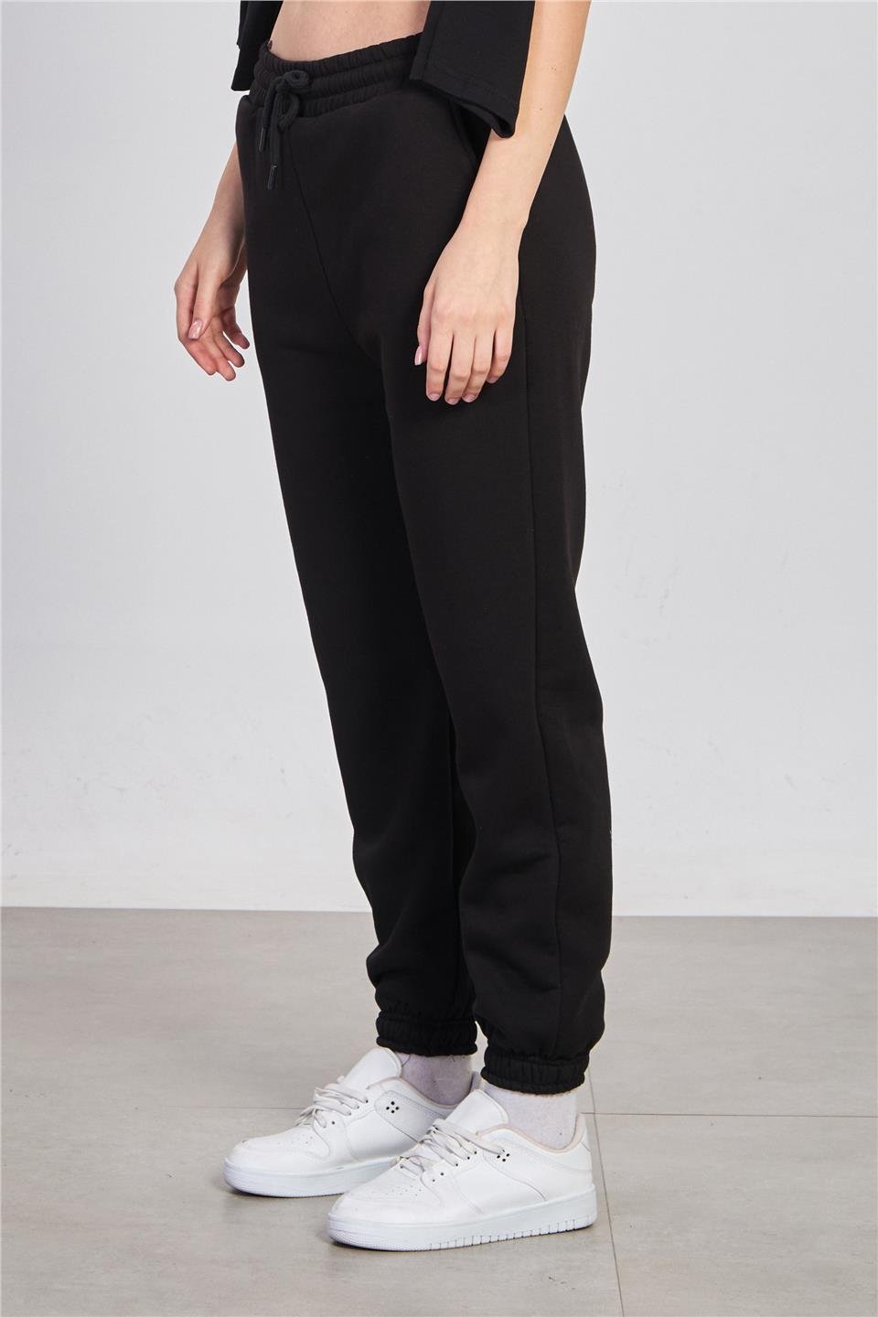 Kadın Paça Lastikli Şardonlu Eşofman Altı - Siyah