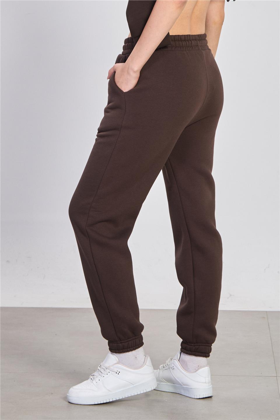 Kadın Paça Lastikli Şardonlu Eşofman Altı - Kahve