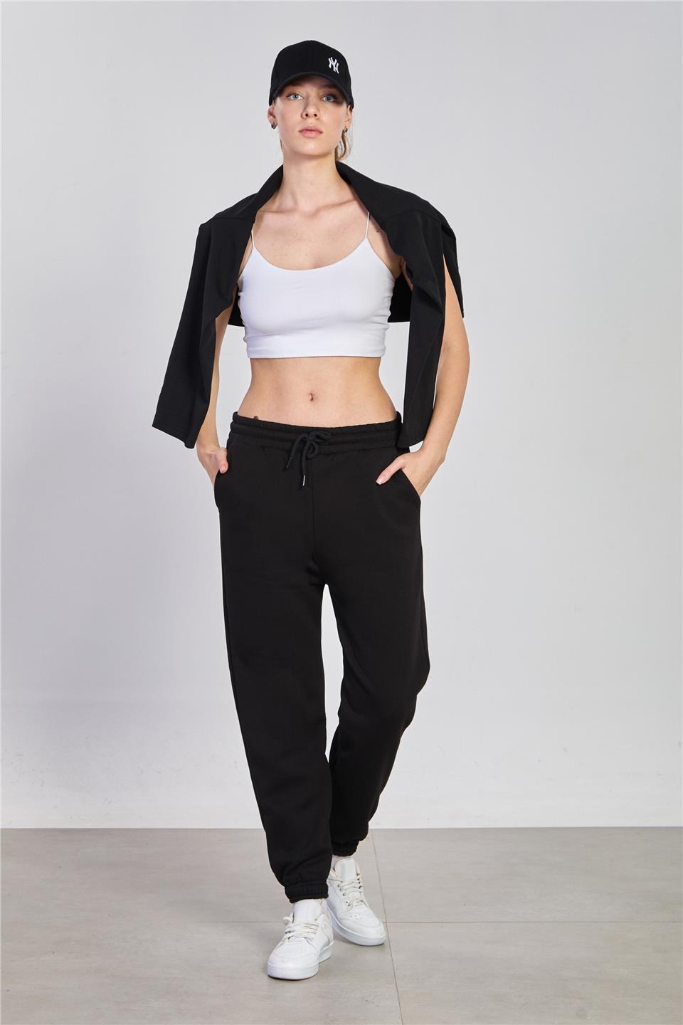 Kadın Paça Lastikli Şardonlu Eşofman Altı - Siyah
