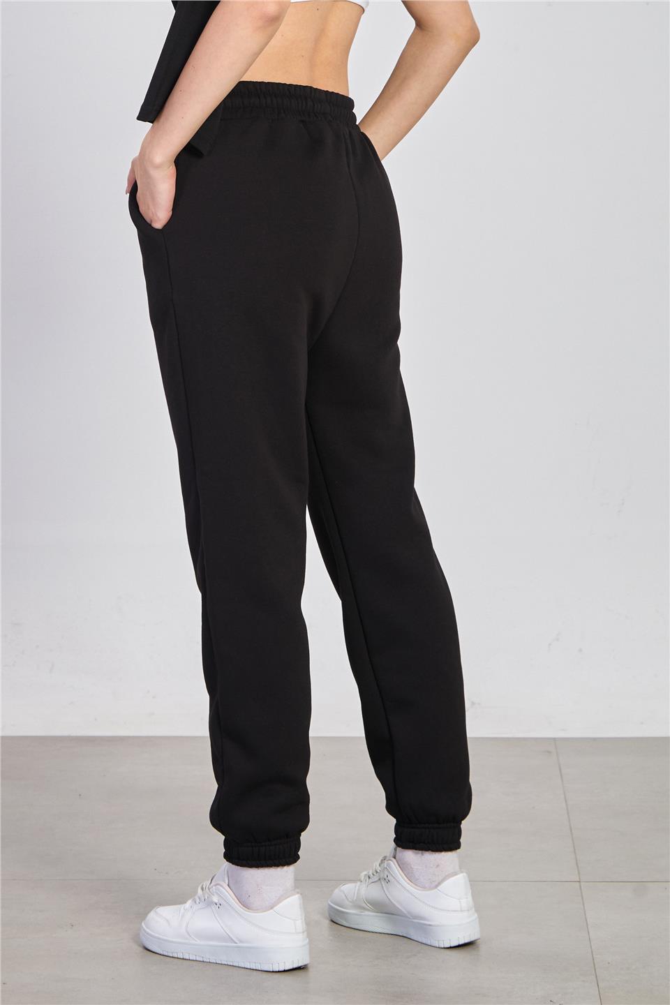 Kadın Paça Lastikli Şardonlu Eşofman Altı - Siyah