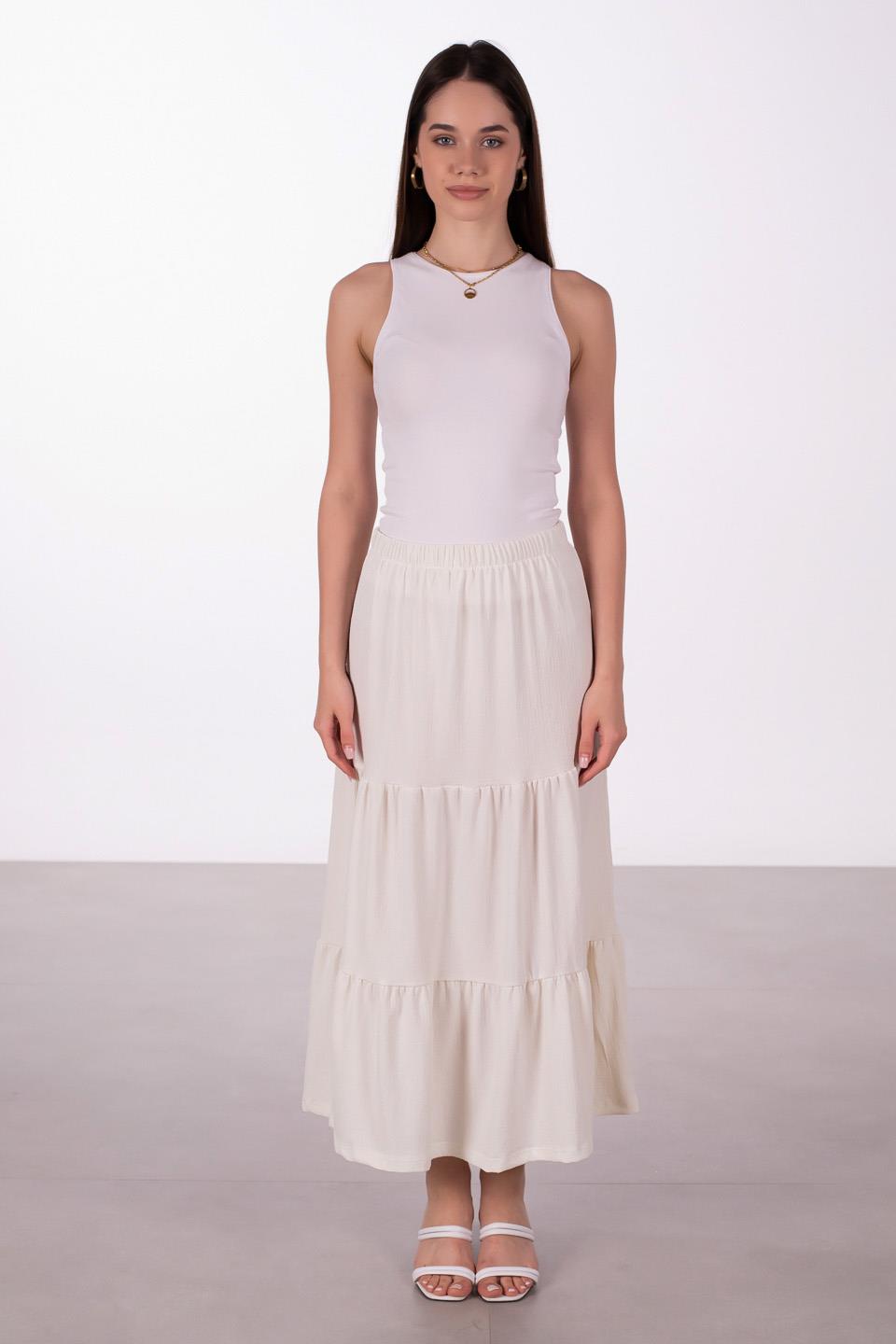 Kadın Parçalı Midi Etek - Ekru