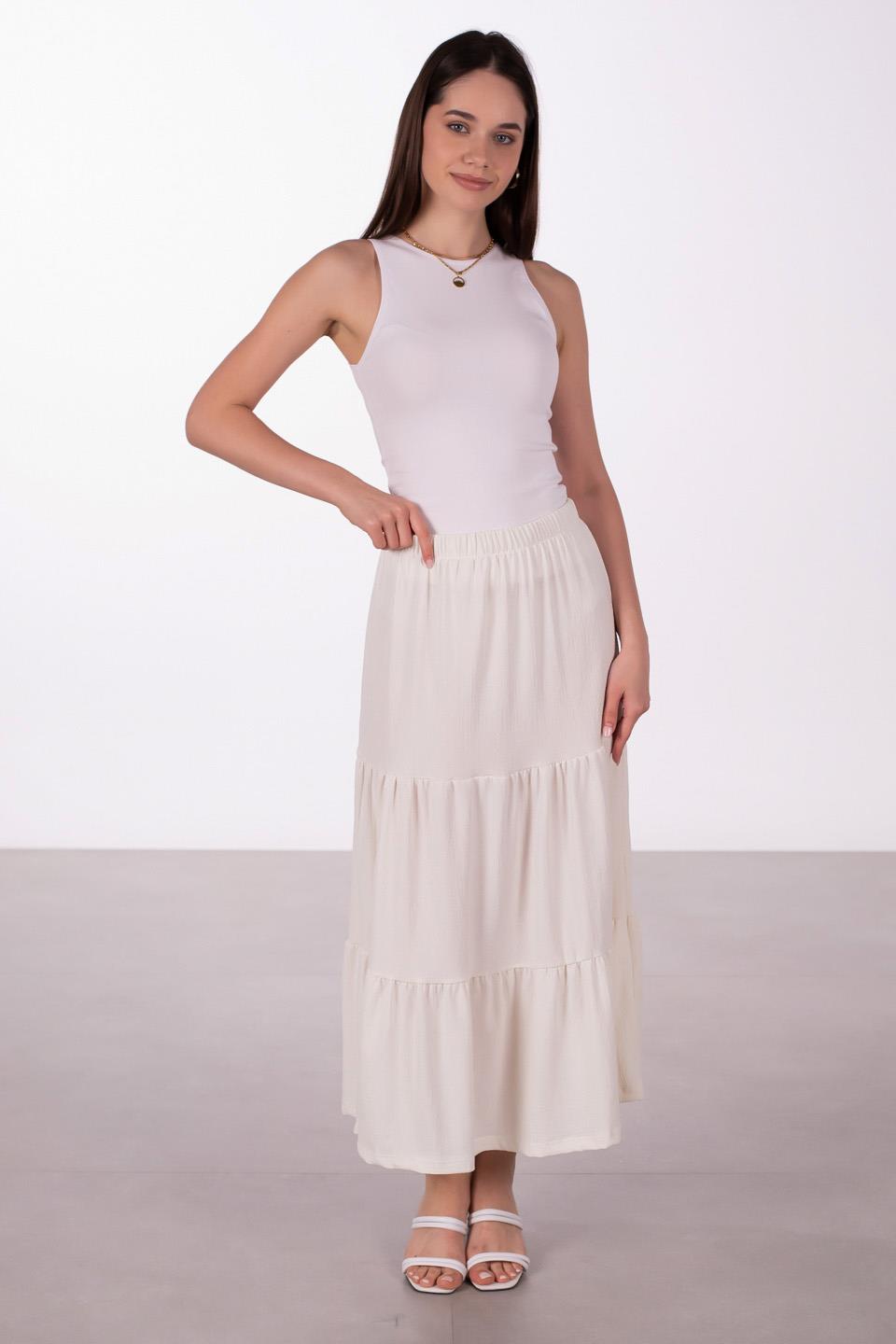 Kadın Parçalı Midi Etek - Ekru