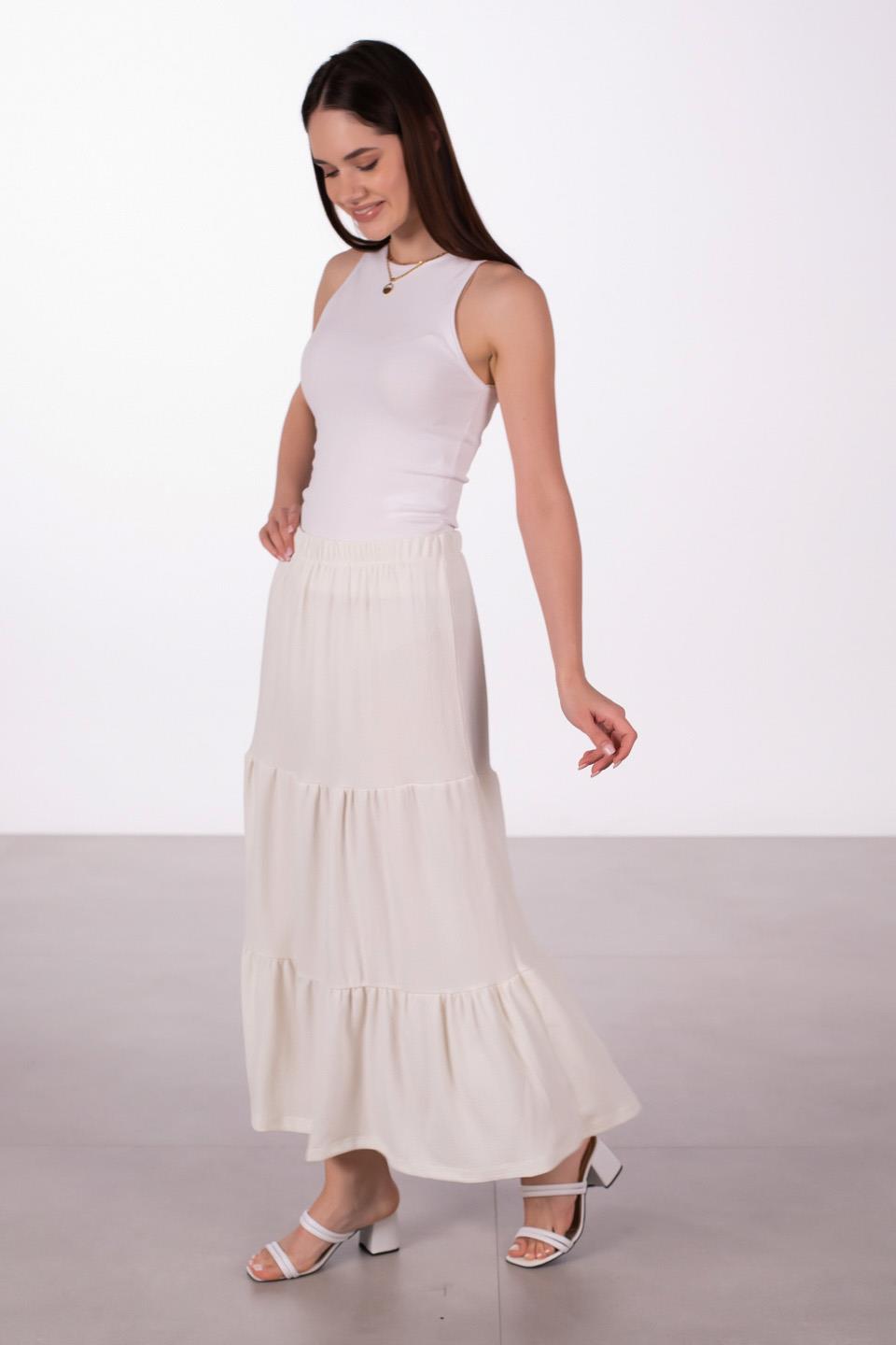 Kadın Parçalı Midi Etek - Ekru