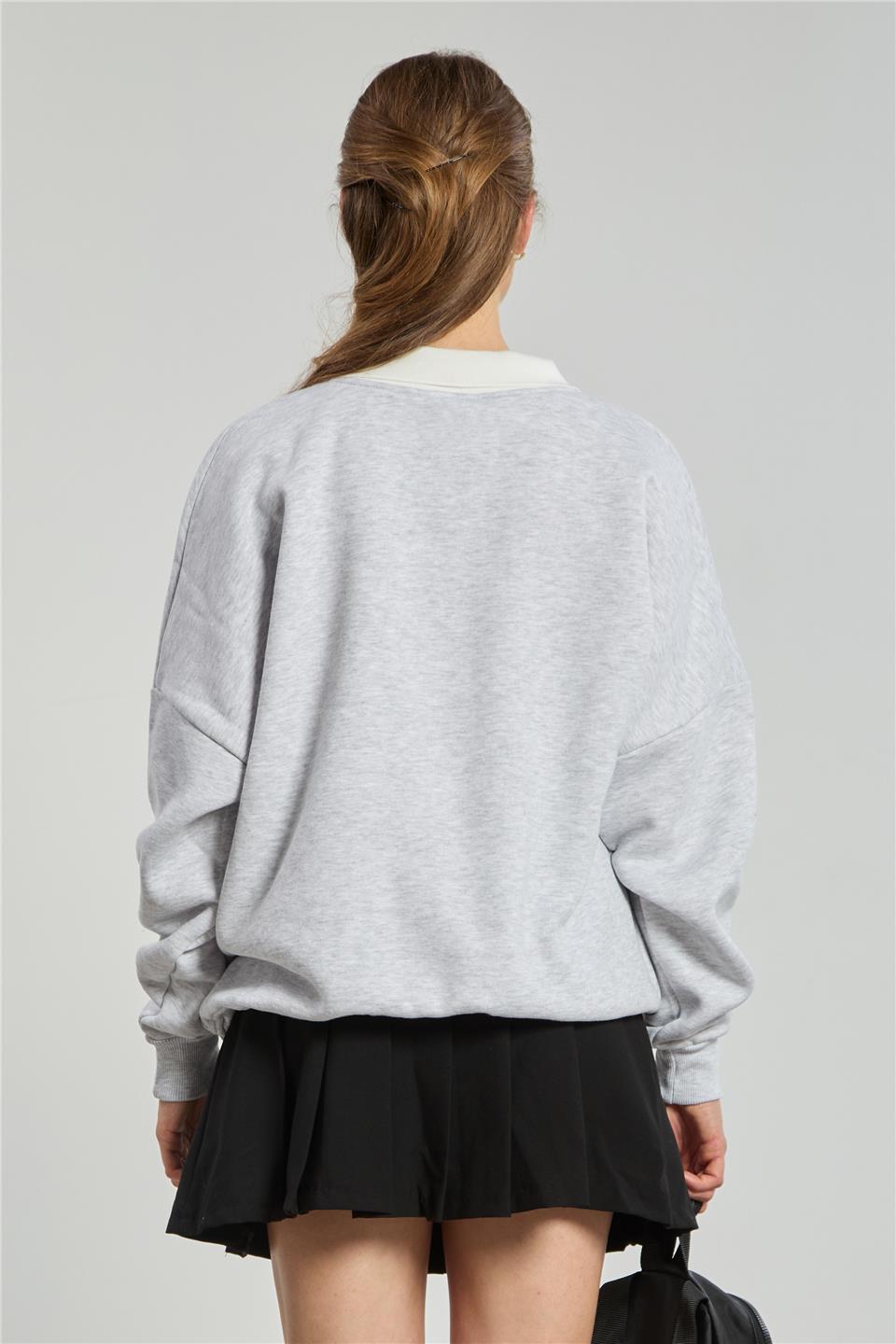 Kadın Pasadena Yazılı Polo Yaka Sweatshirt - Kar Melanj