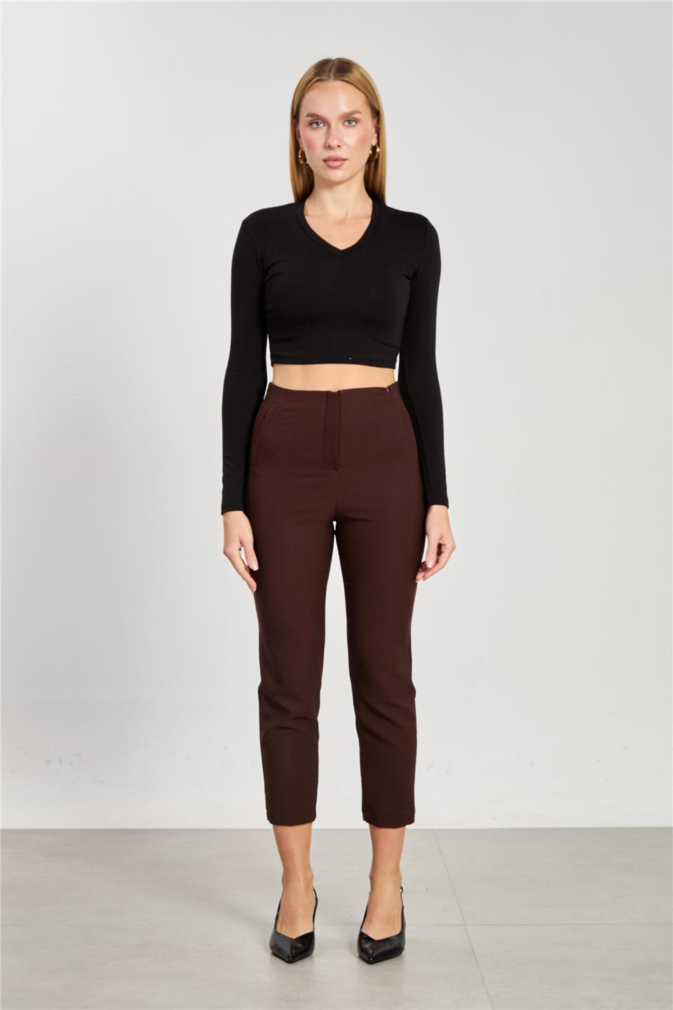 Kadın Pensli Kumaş Pantolon - Kahve