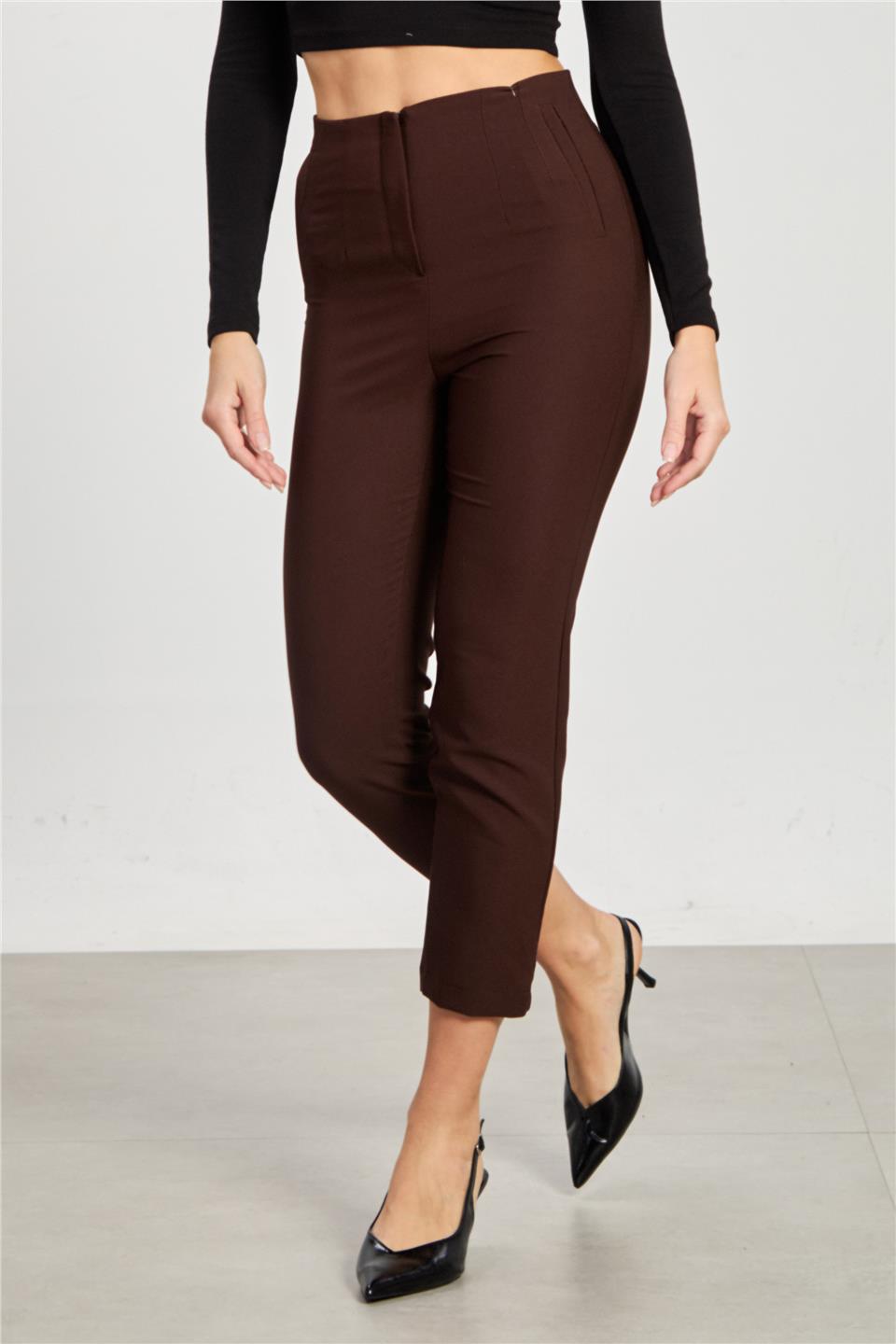 Kadın Pensli Kumaş Pantolon - Kahve