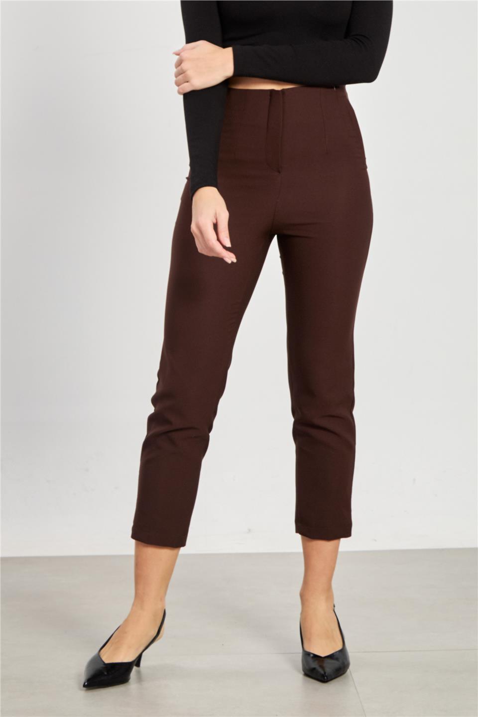 Kadın Pensli Kumaş Pantolon - Kahve