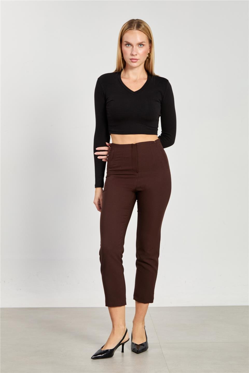 Kadın Pensli Kumaş Pantolon - Kahve