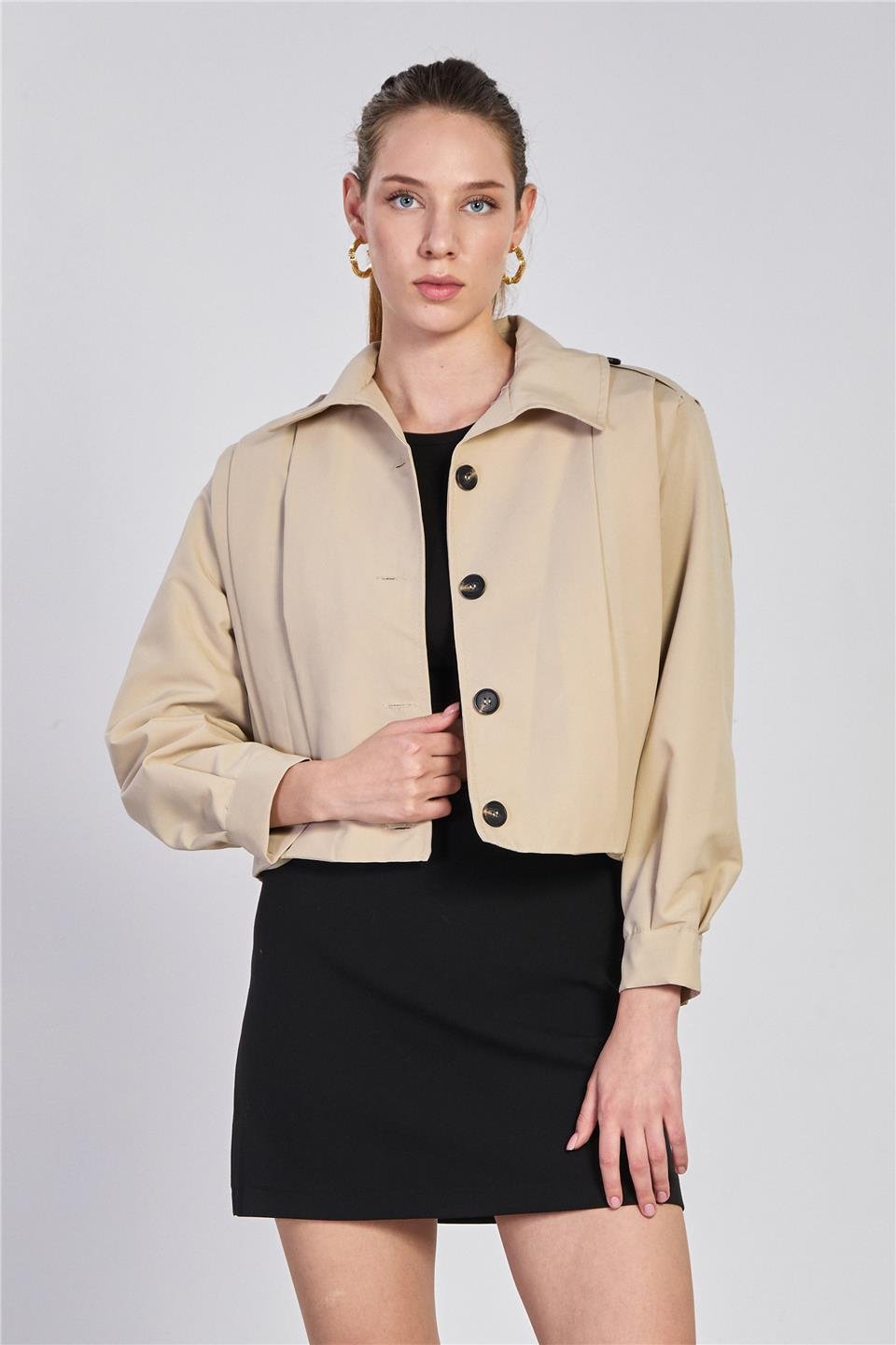 Kadın Pileli Kısa Trençkot - Taş