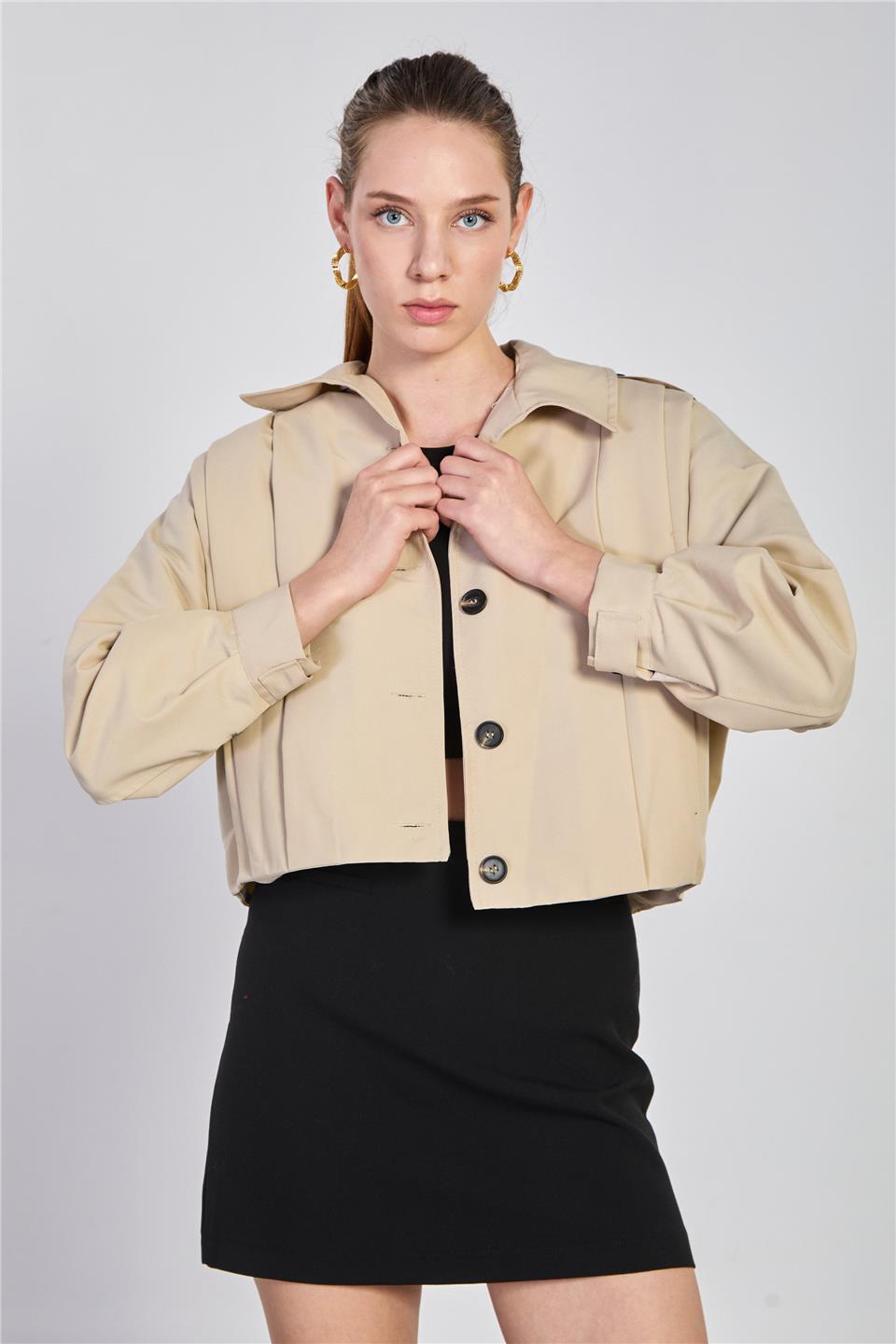 Kadın Pileli Kısa Trençkot - Taş