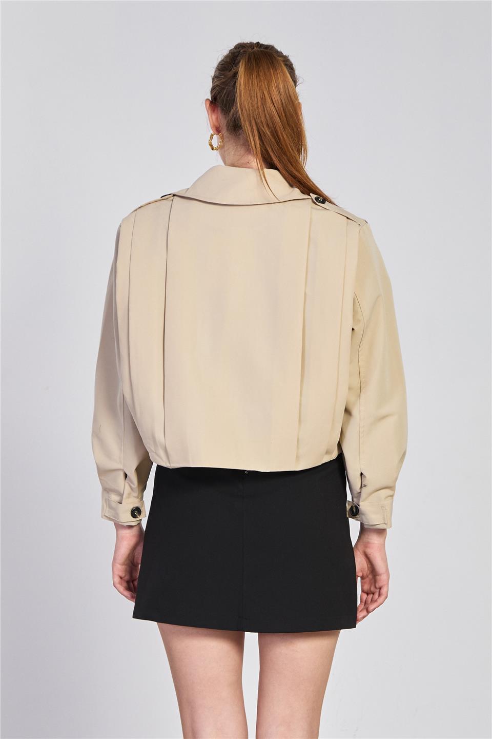 Kadın Pileli Kısa Trençkot - Taş