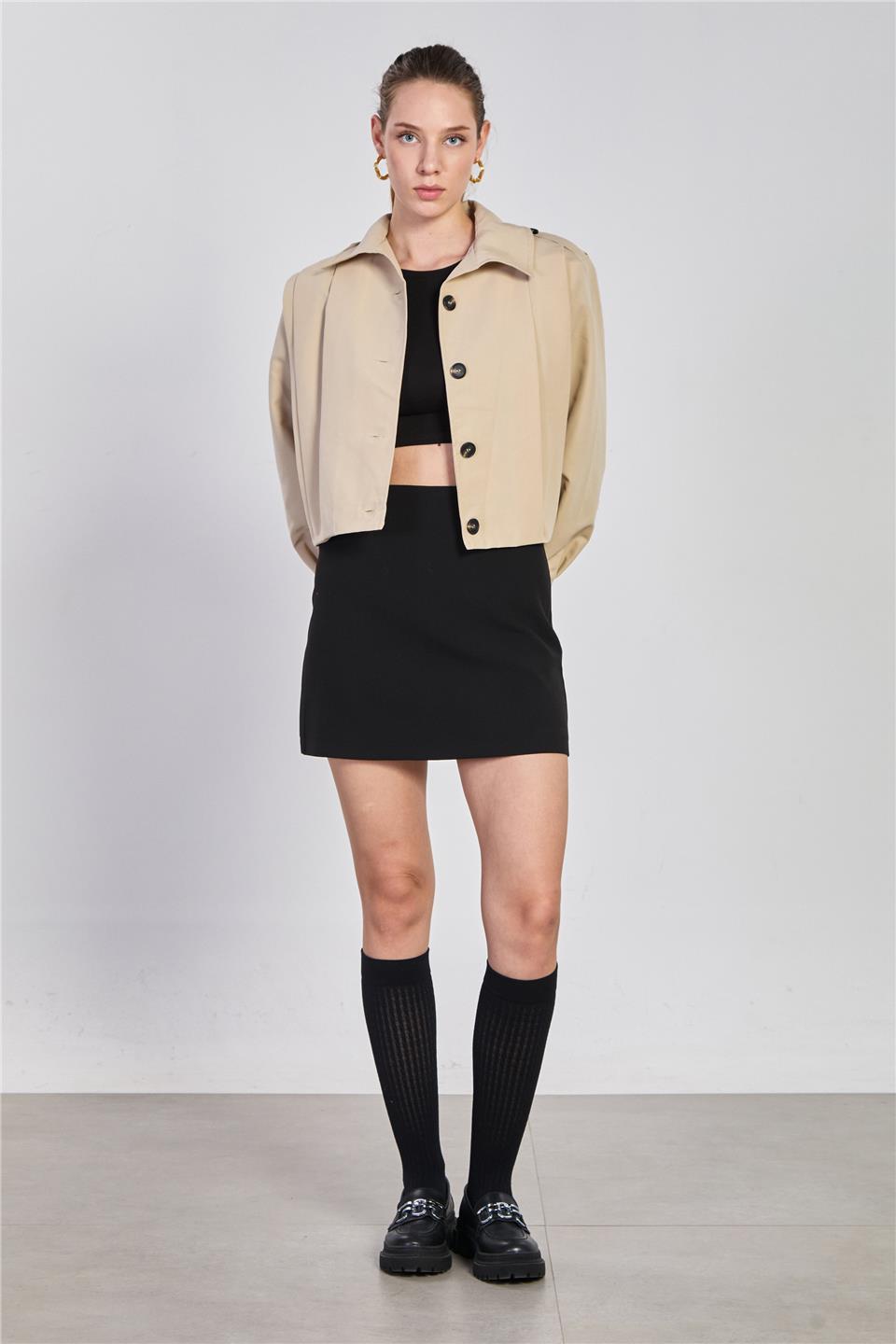 Kadın Pileli Kısa Trençkot - Taş