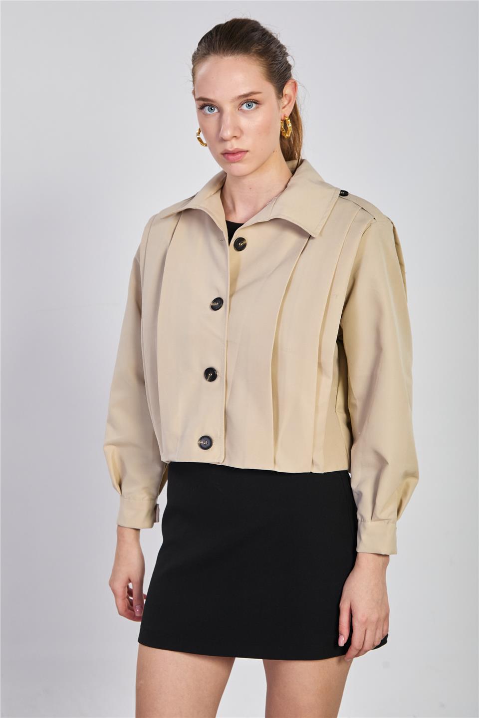 Kadın Pileli Kısa Trençkot - Taş