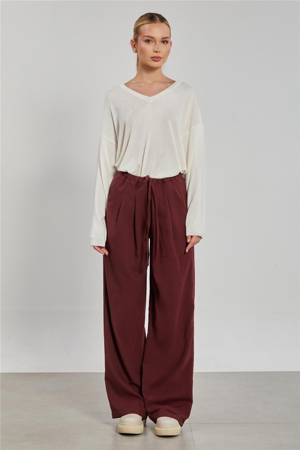 Kadın Pileli Palazzo Pantolon - Bordo