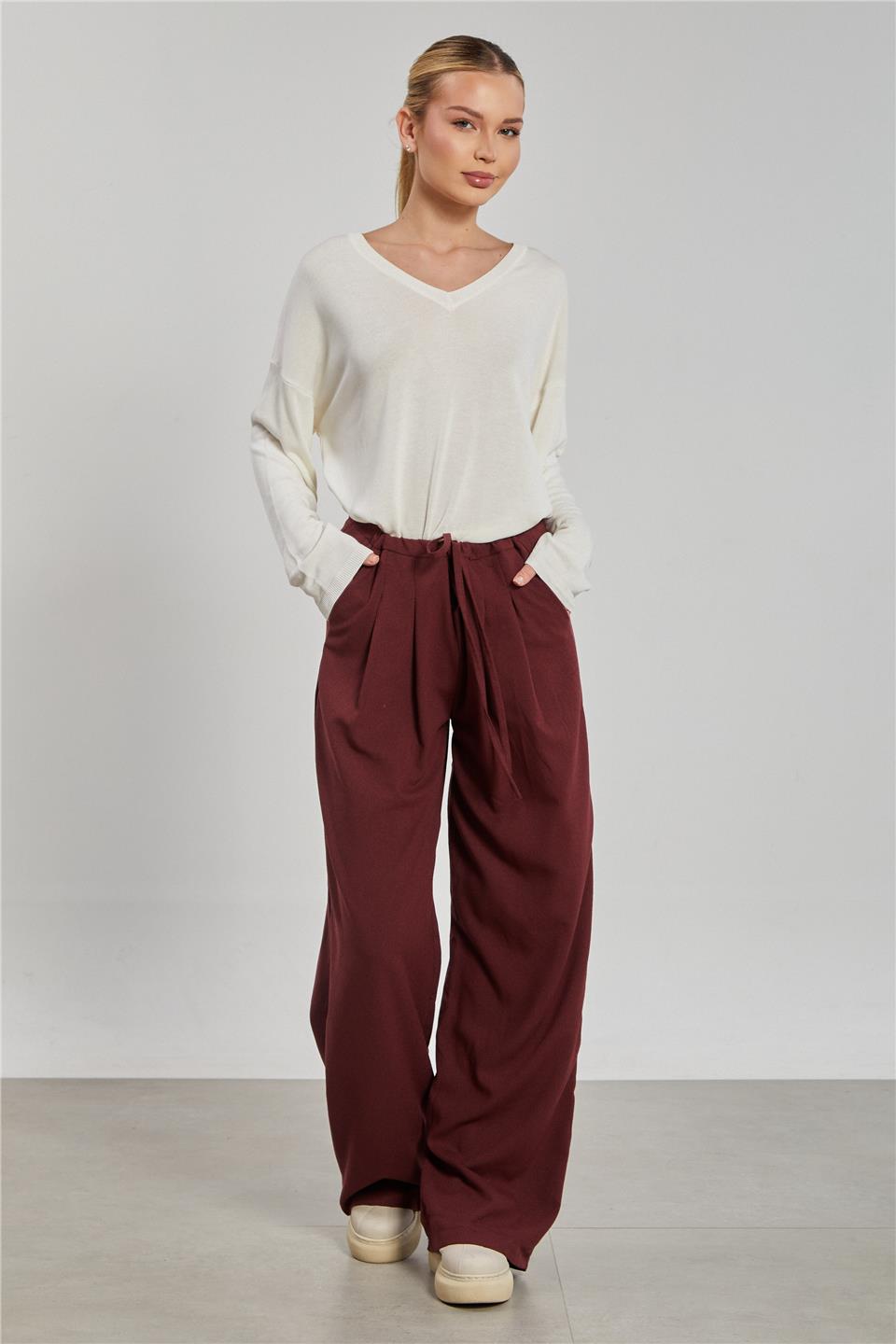 Kadın Pileli Palazzo Pantolon - Bordo