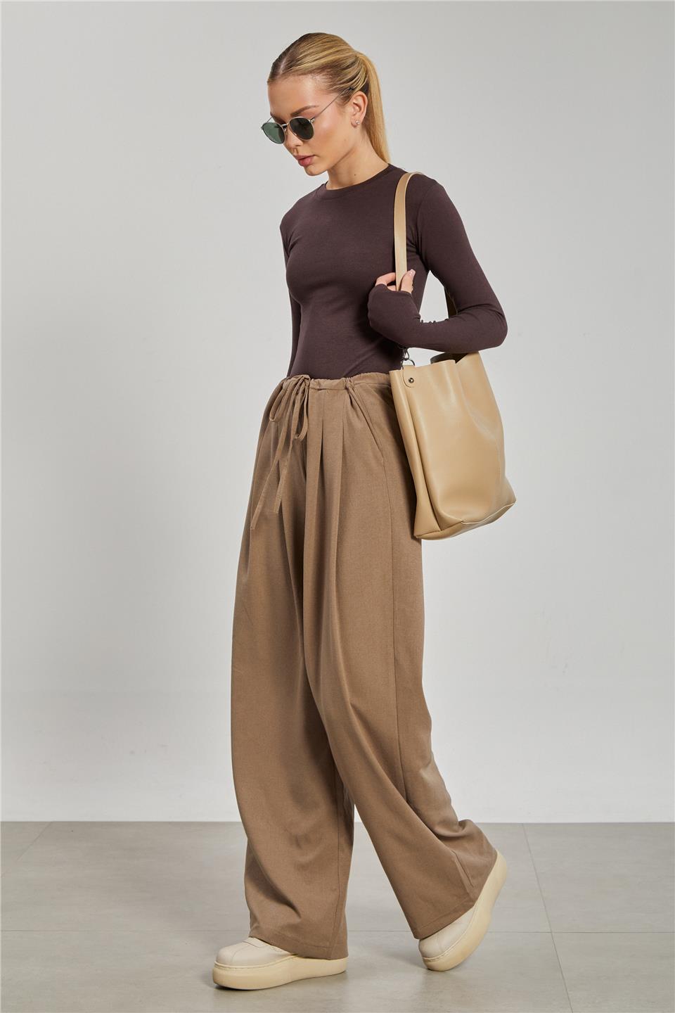 Kadın Pileli Palazzo Pantolon - Haki