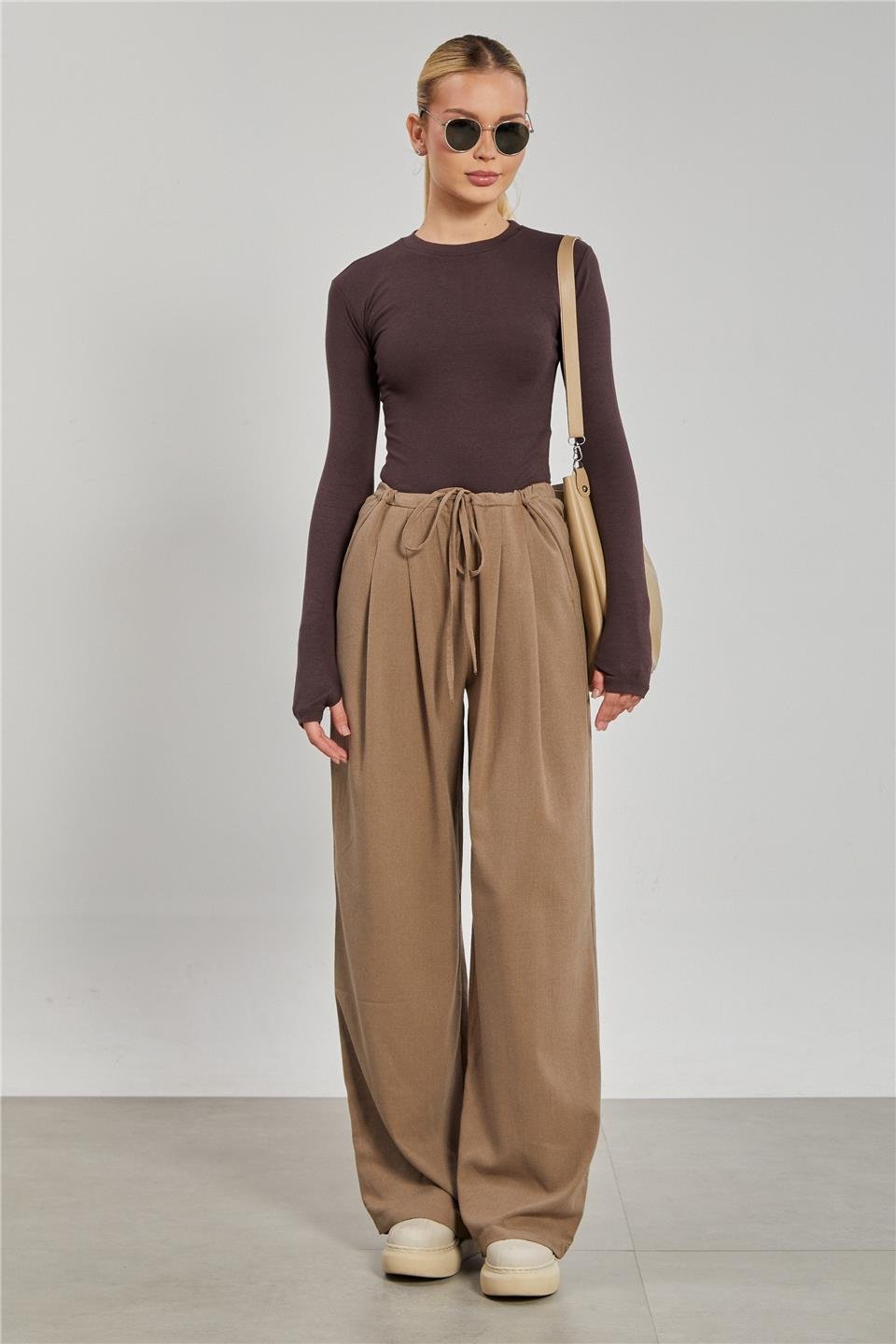 Kadın Pileli Palazzo Pantolon - Haki