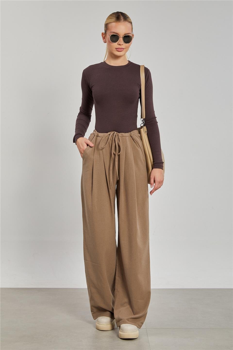 Kadın Pileli Palazzo Pantolon - Haki