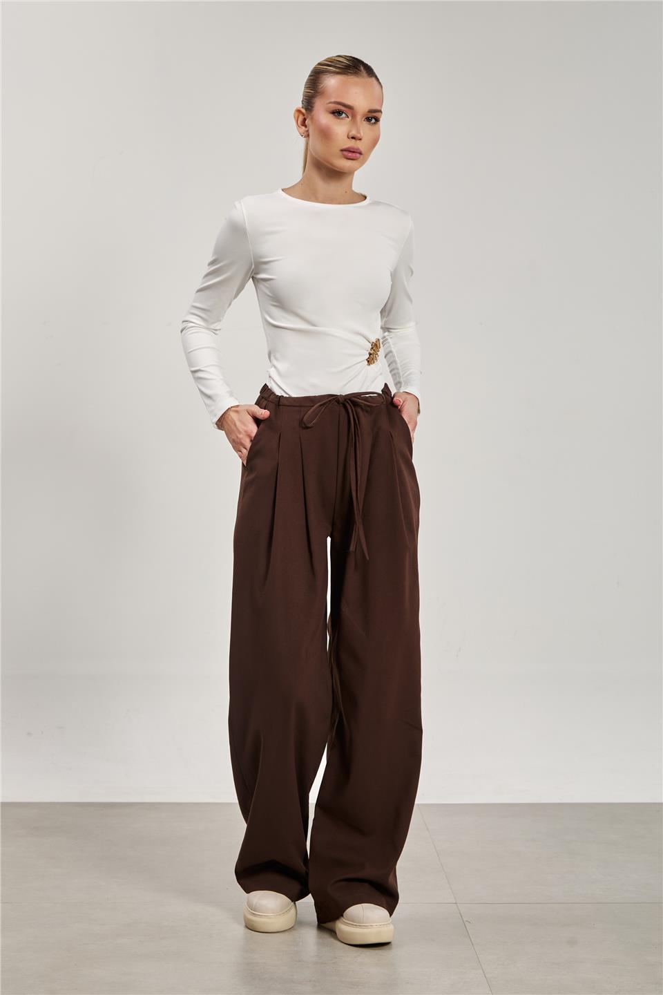 Kadın Pileli Palazzo Pantolon - Kahve