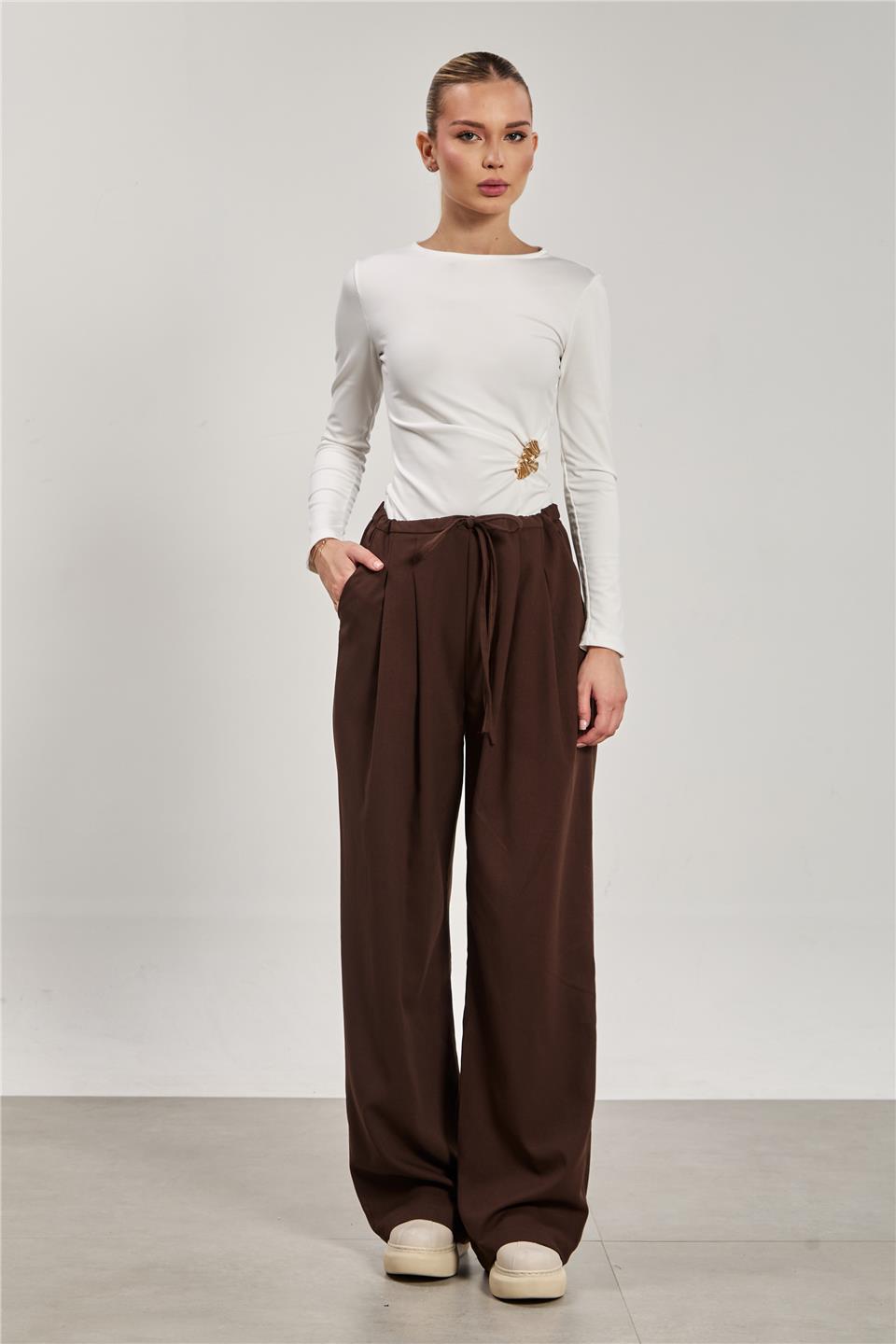 Kadın Pileli Palazzo Pantolon - Kahve