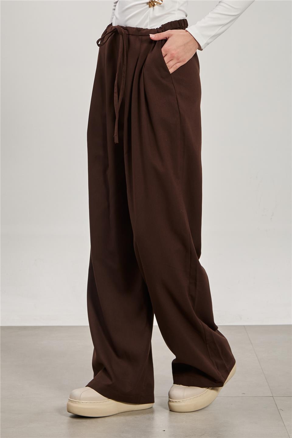 Kadın Pileli Palazzo Pantolon - Kahve