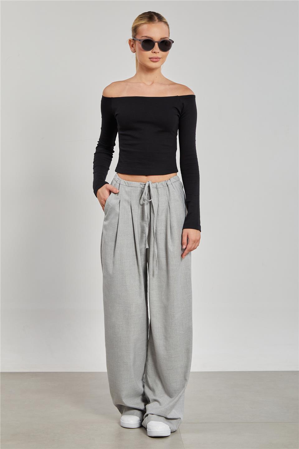 	Kadın Pileli Palazzo Pantolon - Gri
