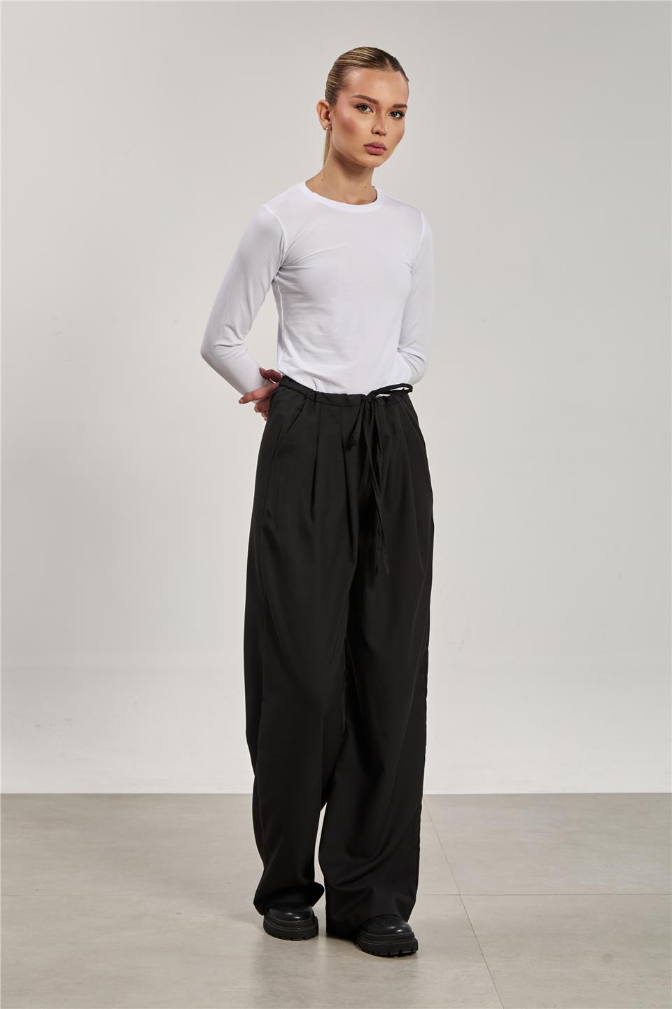 Kadın Pileli Palazzo Pantolon - Siyah