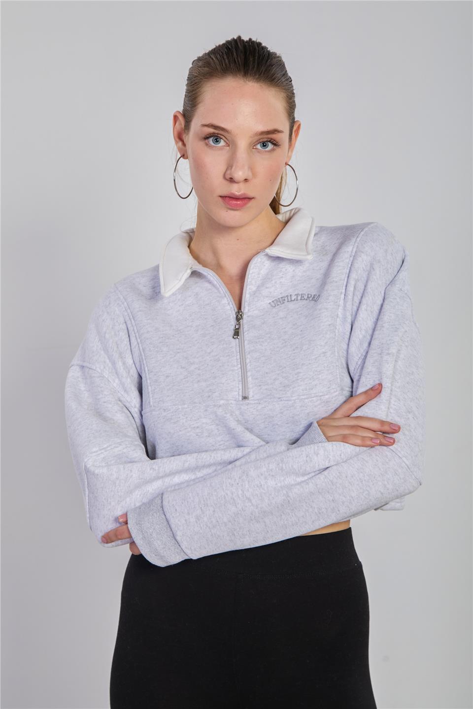 Kadın Polo Yaka Yarım Fermuarlı Sweatshirt - Kar Melanj