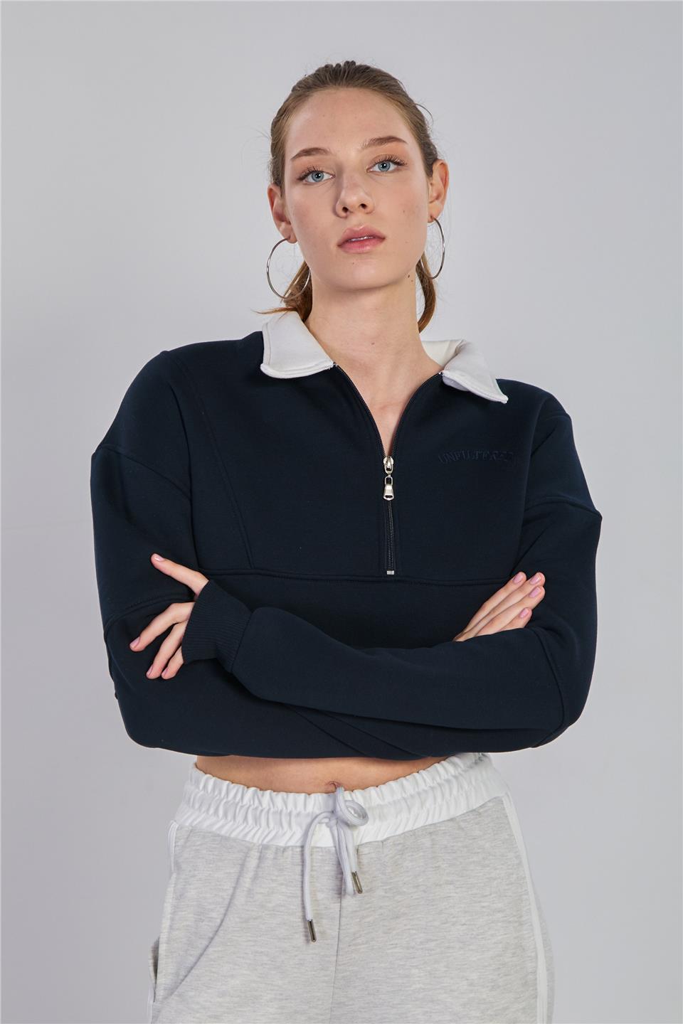 Kadın Polo Yaka Yarım Fermuarlı Sweatshirt - Lacivert