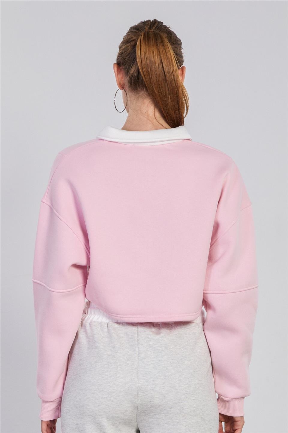 Kadın Polo Yaka Yarım Fermuarlı Sweatshirt - Pembe