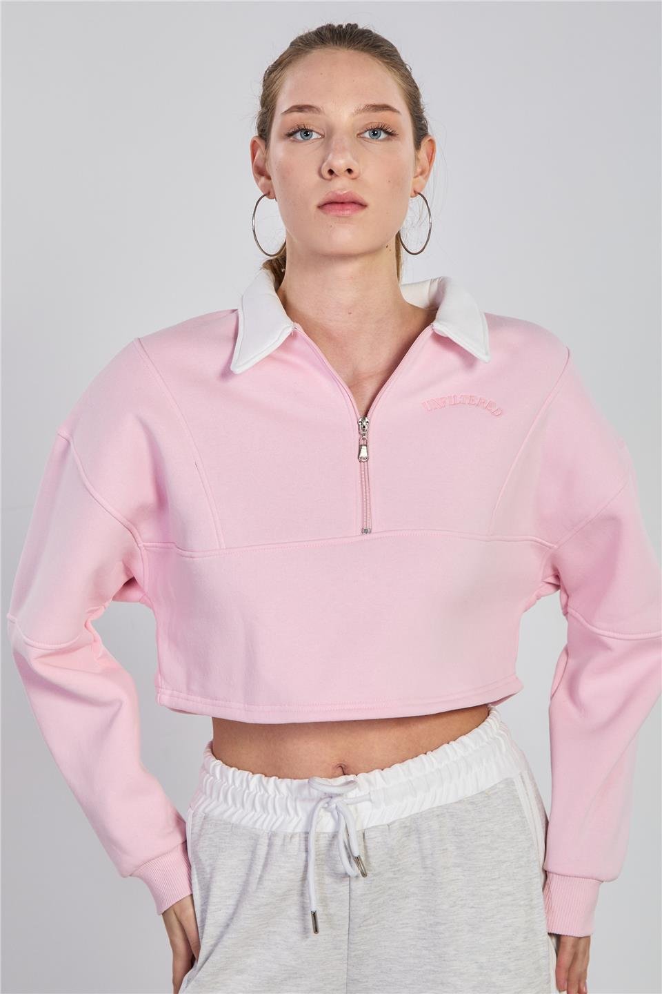 Kadın Polo Yaka Yarım Fermuarlı Sweatshirt - Pembe