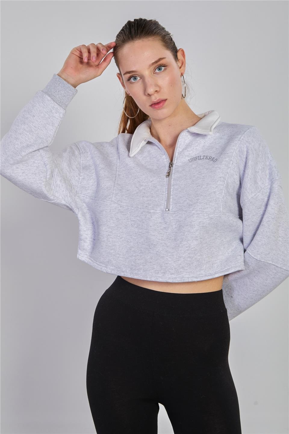 Kadın Polo Yaka Yarım Fermuarlı Sweatshirt - Kar Melanj