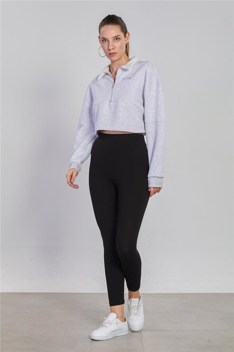 Kadın Polo Yaka Yarım Fermuarlı Sweatshirt - Kar Melanj