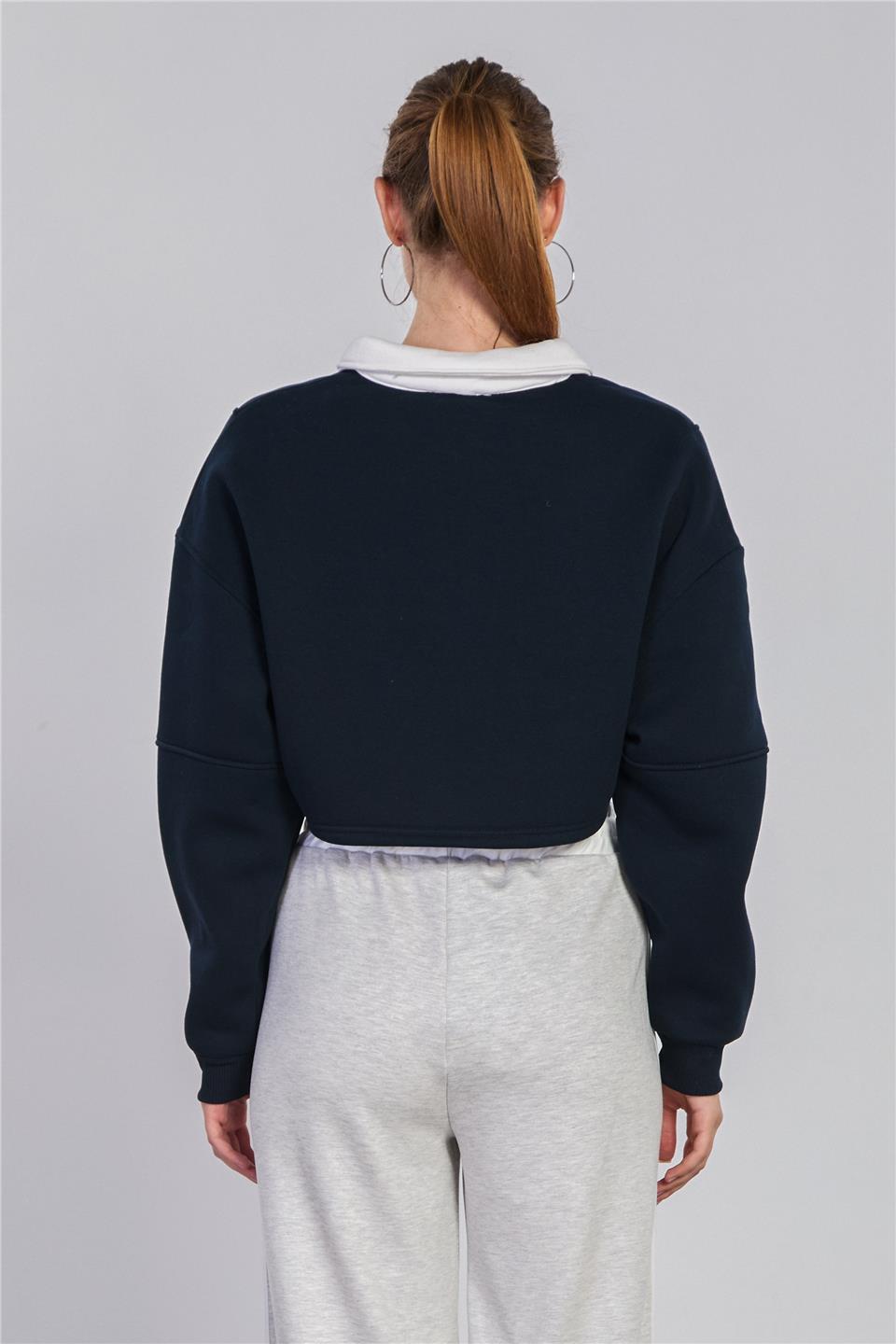 Kadın Polo Yaka Yarım Fermuarlı Sweatshirt - Lacivert
