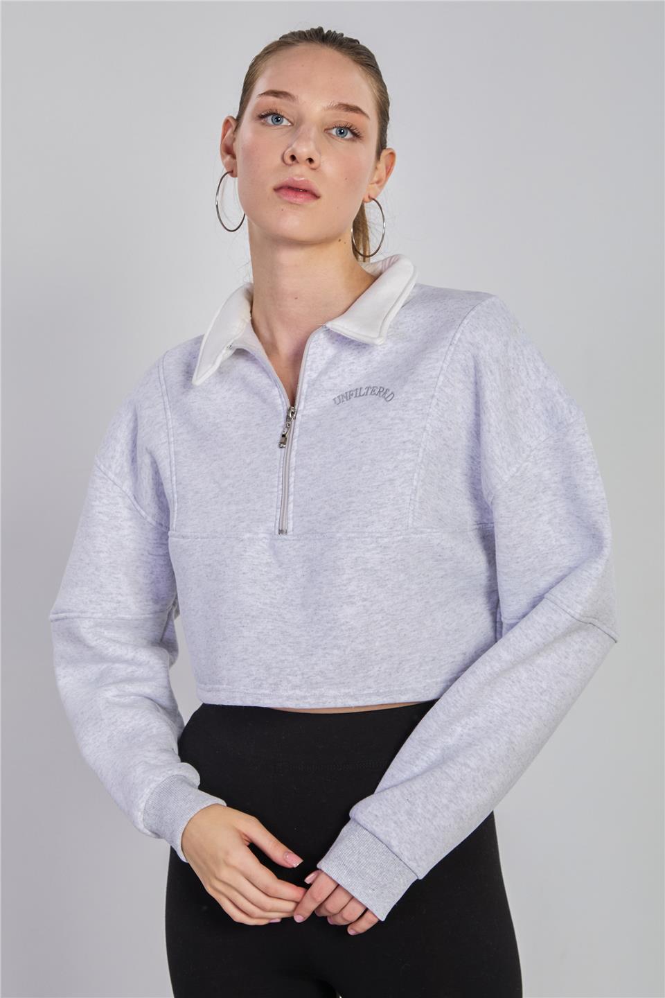 Kadın Polo Yaka Yarım Fermuarlı Sweatshirt - Kar Melanj