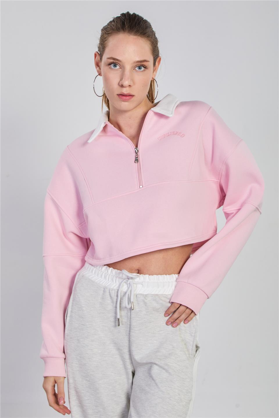 Kadın Polo Yaka Yarım Fermuarlı Sweatshirt - Pembe
