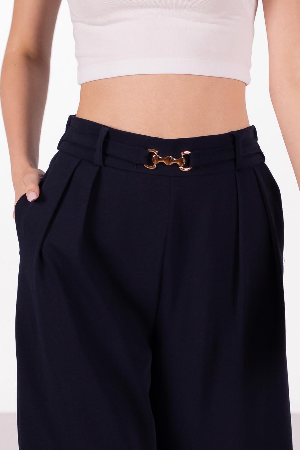 Kadın Premium Tokalı Palazzo Pantolon - Lacivert