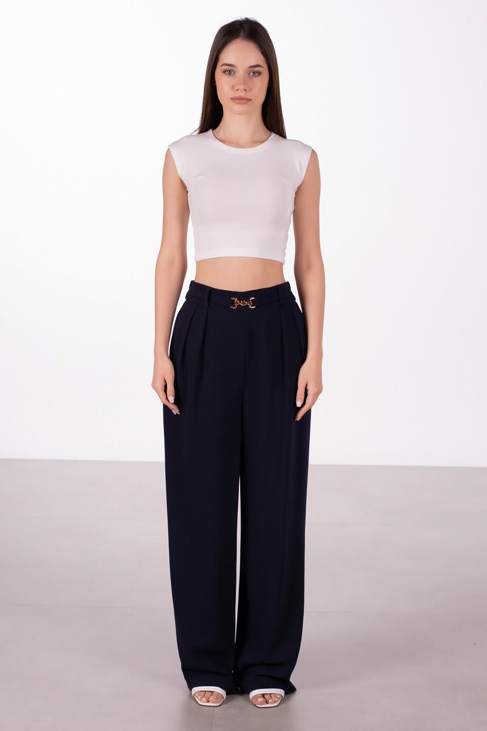 Kadın Premium Tokalı Palazzo Pantolon - Lacivert