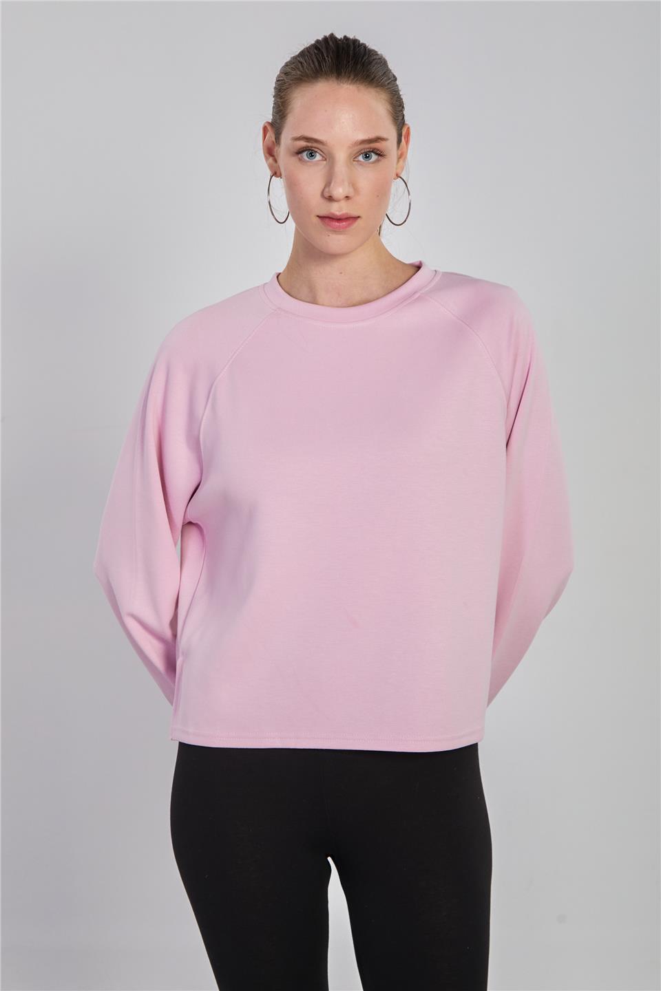 Kadın Reglon Kol Bisiklet Yaka Sweatshirt - Açık Pembe