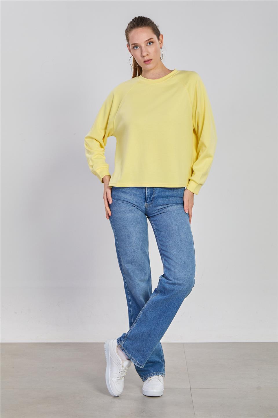 Kadın Reglon Kol Bisiklet Yaka Sweatshirt - Açık Sarı