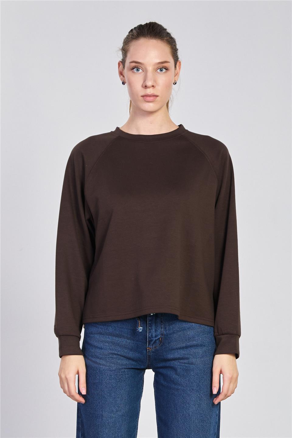 Kadın Reglon Kol Bisiklet Yaka Sweatshirt - Kahve